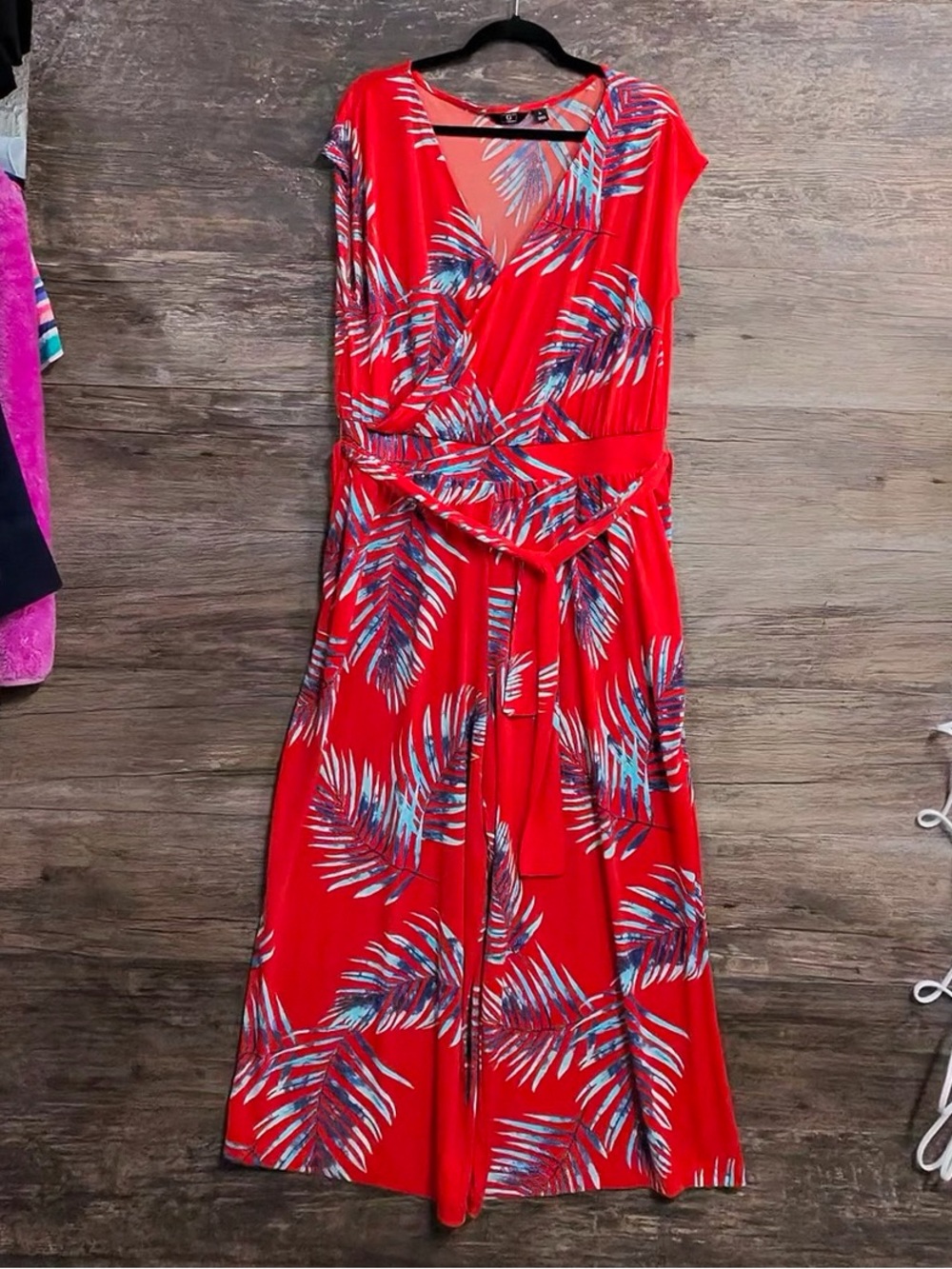 G by Giuliana Red Tropical Leaf Wrap Jumpsuit